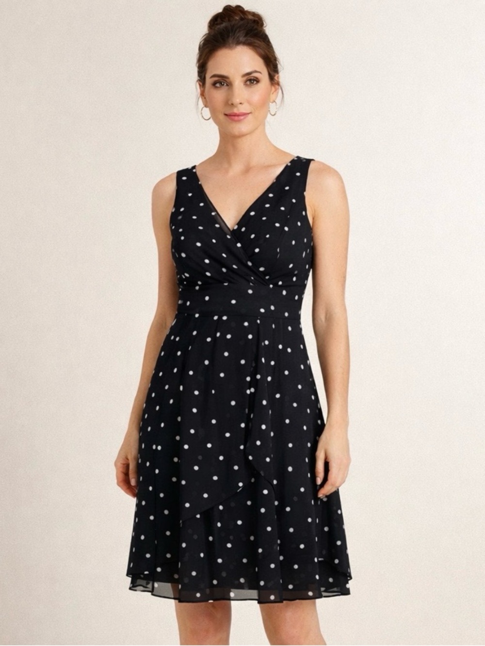 WHBM Black White Polka Dot Sz 12 Chiffon Dress Sleeveless V-Neck Fit Flare Chic